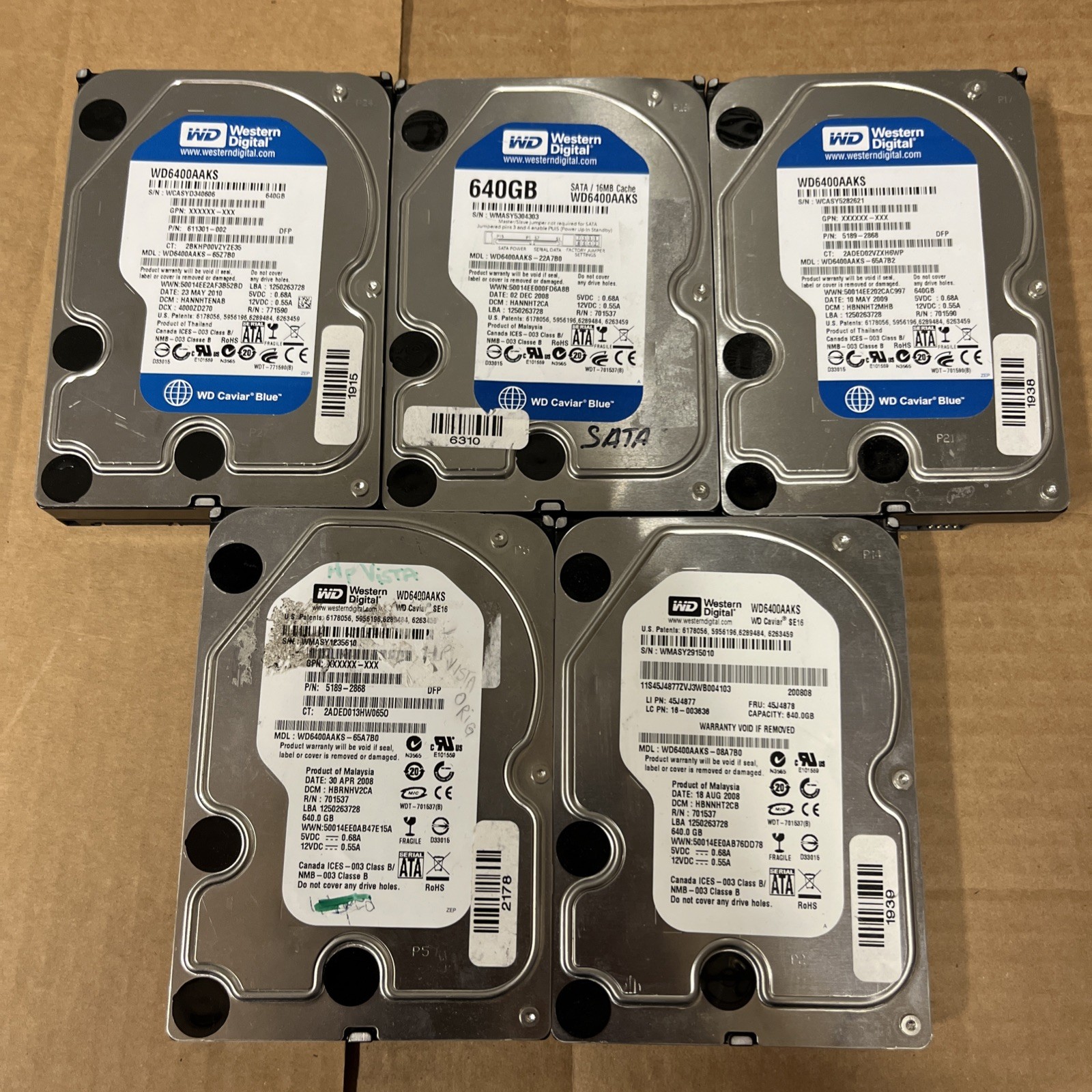 LOT of (5) Western Digital Caviar 640GB SATA 7200RPM 3.5" Hard Drive WD6400AAKS