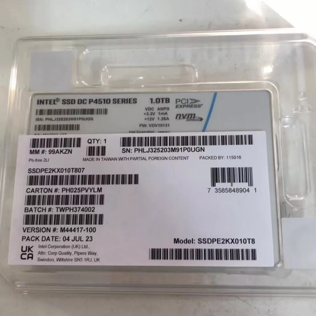 1TB Intel SSD P4510 Series DC U.2 SSDPE2KX010T8 VDV10131 2.5" NVMe/PCle sSD 1.0T