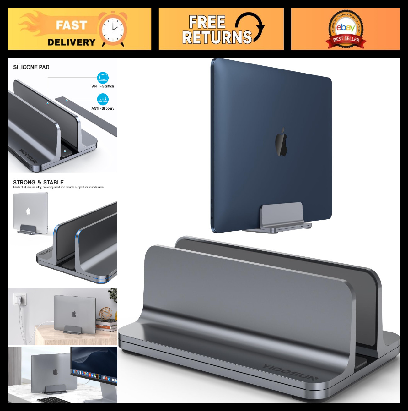 Adjustable Aluminum Vertical Laptop Stand - Space-Saving Dock for 17.3" Laptops