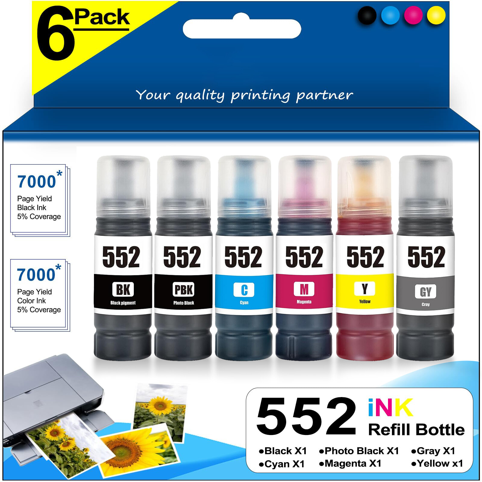 ET-8550/ET-8500 Ink Refill T552 552XL 6-Pack with BK/PB/C/M/GY/Y