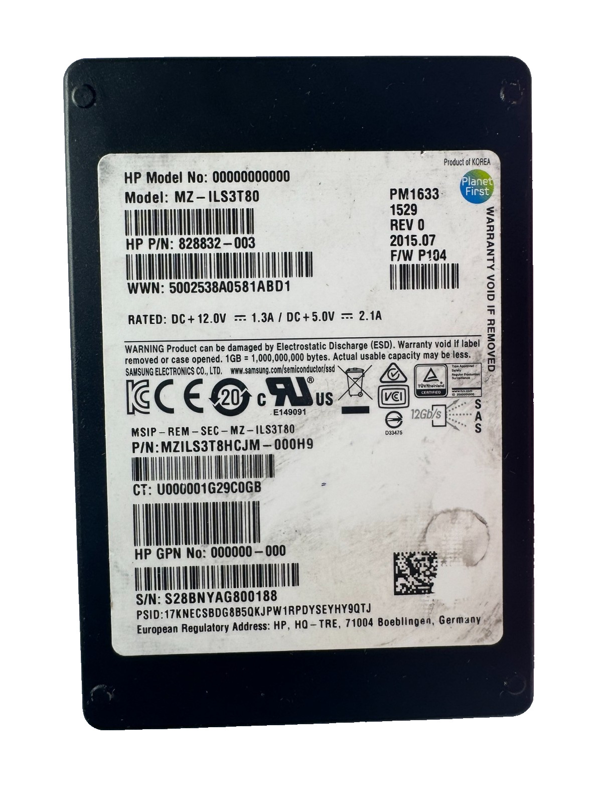 HPE SAMSUNG PM1633 3.84TB 2.5" SAS SSD 12Gbps/512b/Excellent HEALTH-98%