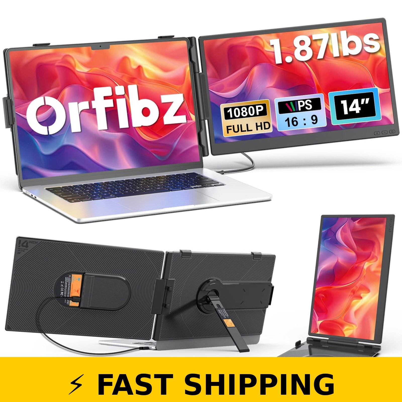 Orfibz 14.2" FHD Portable Laptop Screen Extender, Ultra-Slim & Lightweight