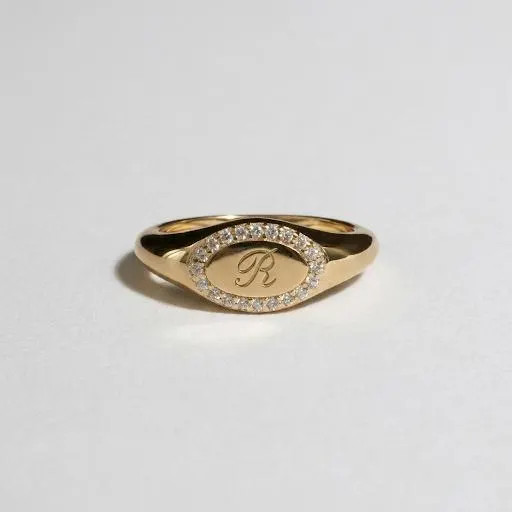 Personalized Diamond Halo Letter Ring, Custom Initial Signet Ring, Monogram Oval