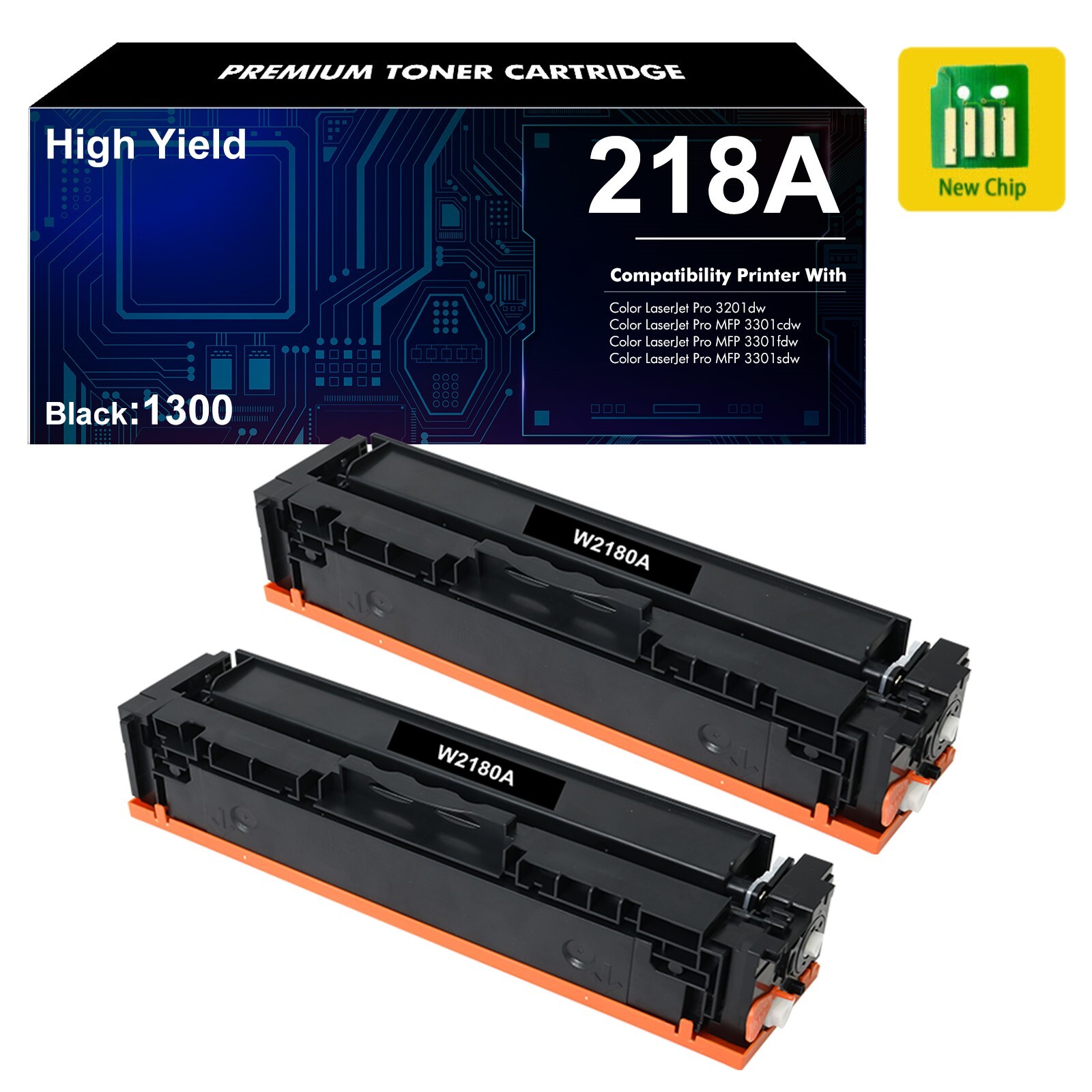 2PK 218A W2180A Black Toner With Chip Fits HP LaserJet Pro MFP 3301cdw 3301fdw