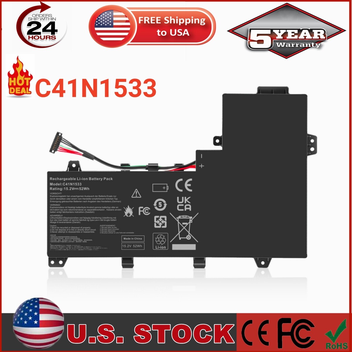 ✅C41N1533 52Wh Battery For ASUS Q524U Q534U Q504UQ Q534UX Q534UX-BHI7T19 Q534UXK