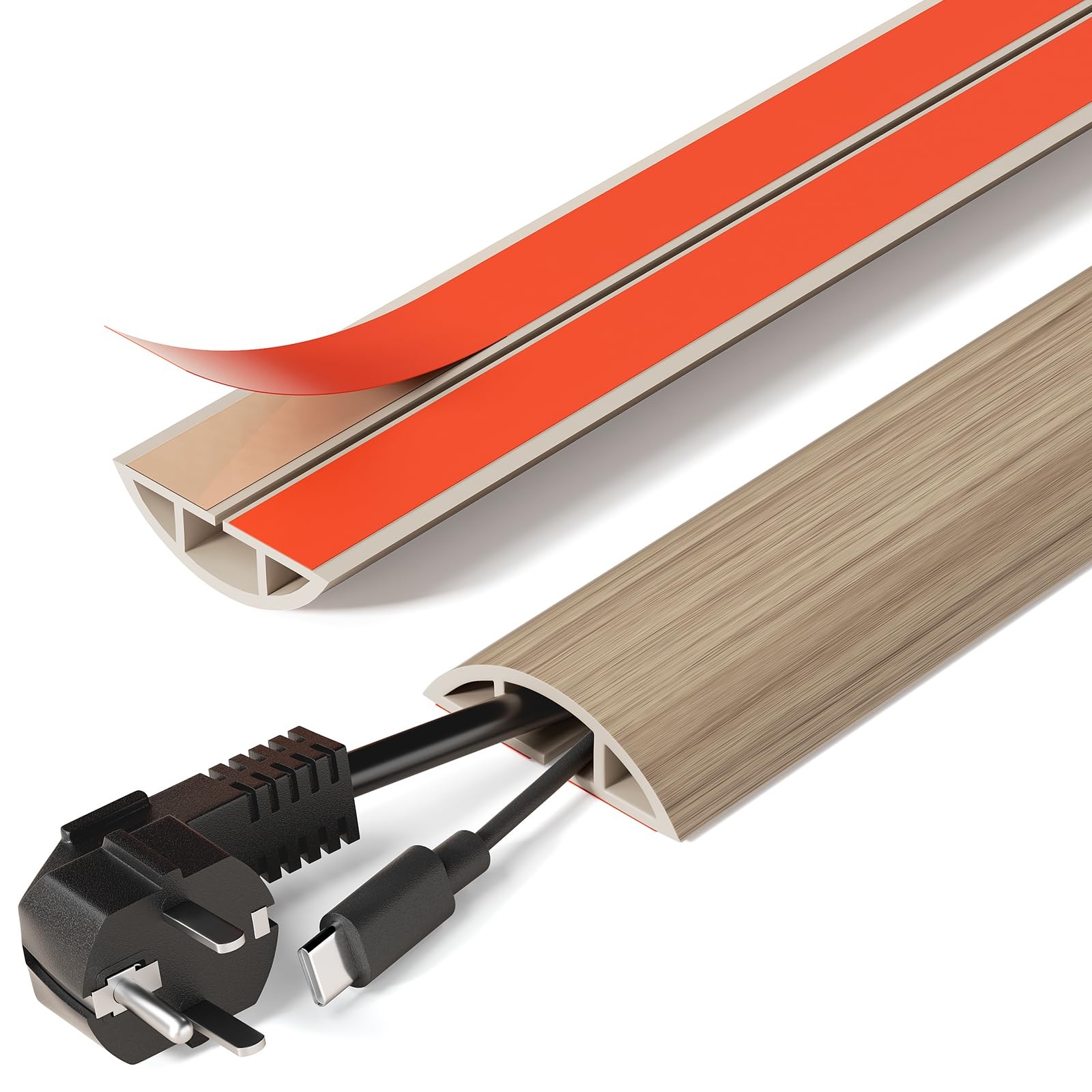 DELAMU 5ft Self-Adhesive Floor Cord Cover, 1.2" Diameter, Lightwood | Cord Co...