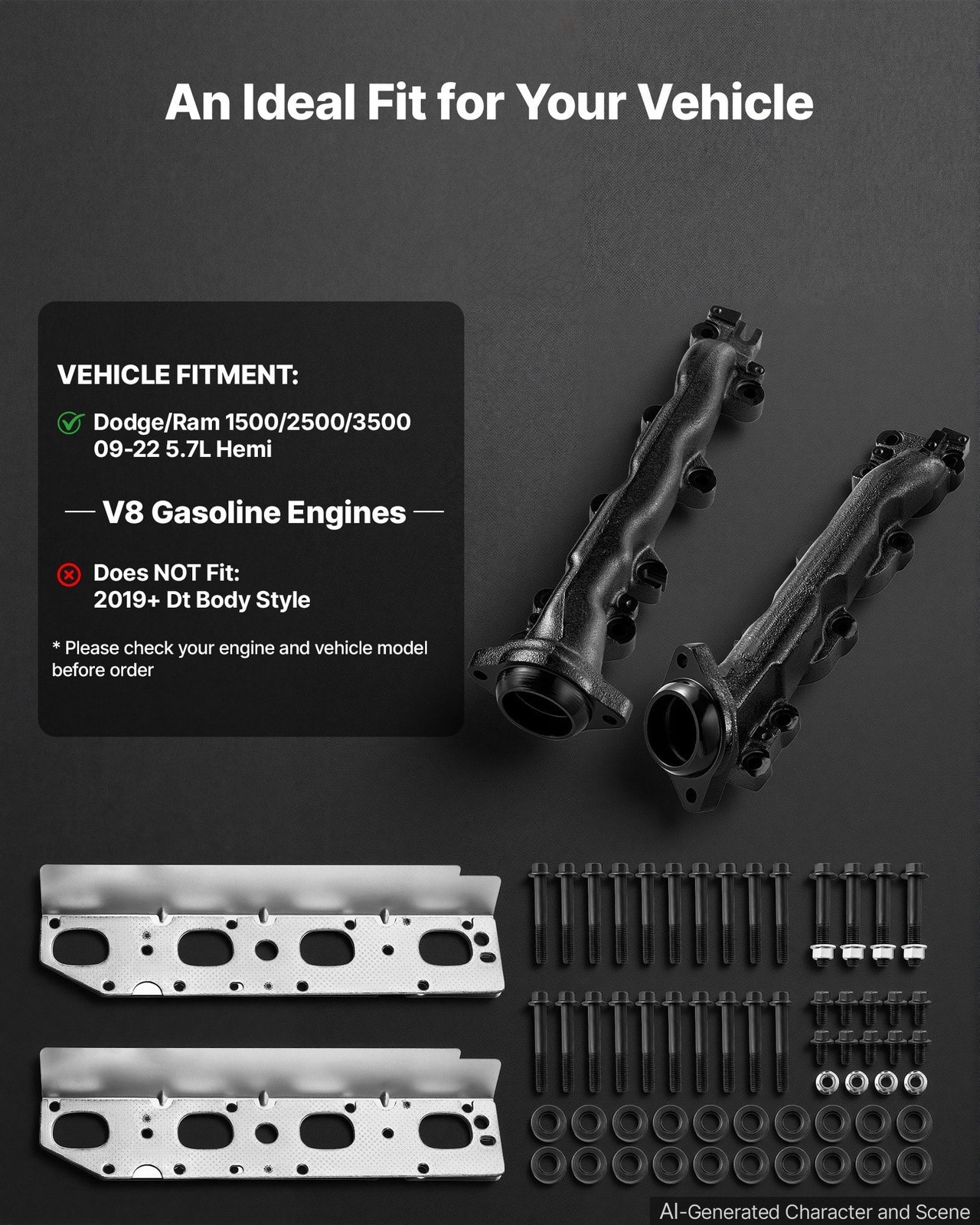 Exhaust Headers Manifold Replacement 2PCS Durable Cast Iron, Compatible with Dod