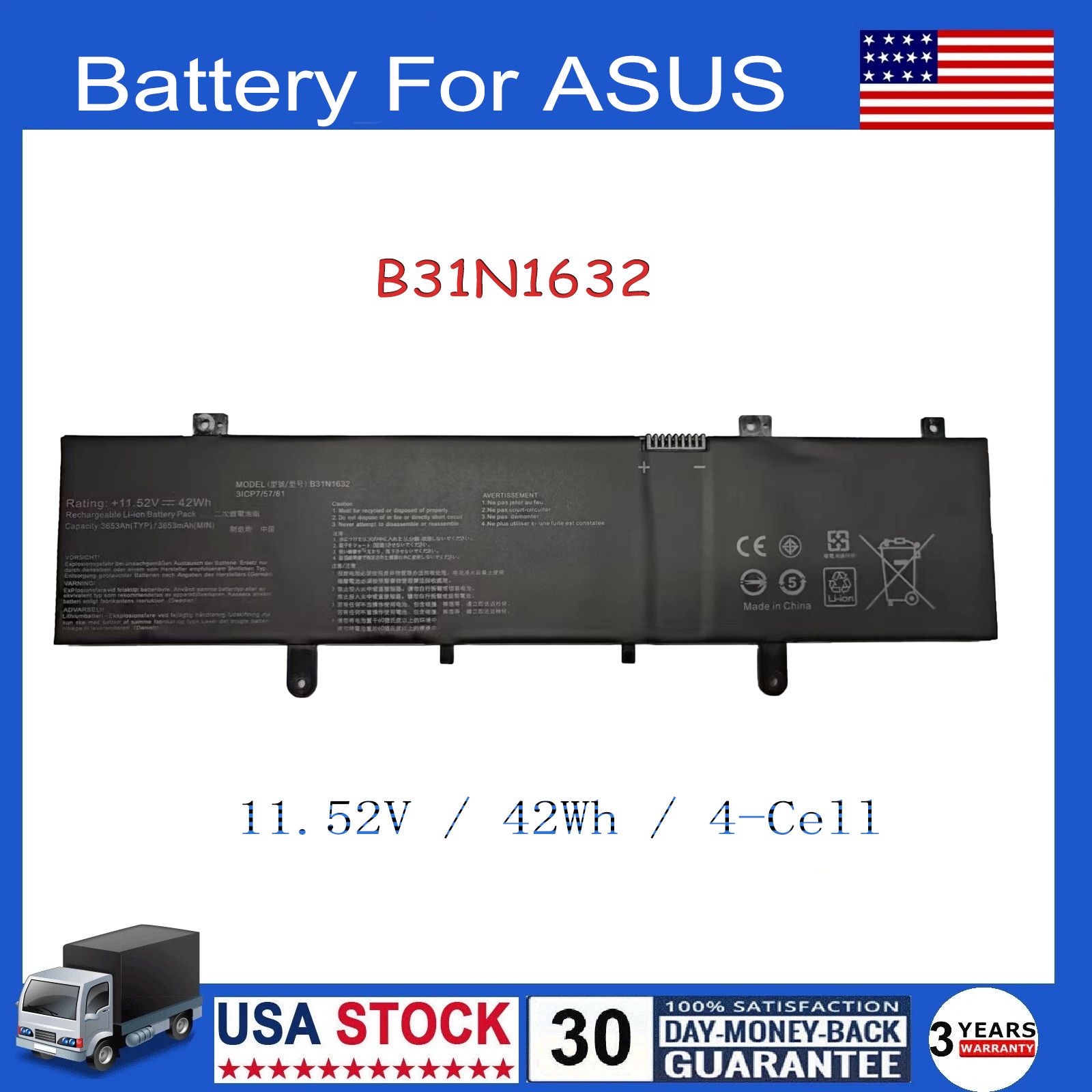 42Wh B31N1632 Battery For ASUS Vivobook 14 X405UR X405UQ S4000 S4000U S4100U US