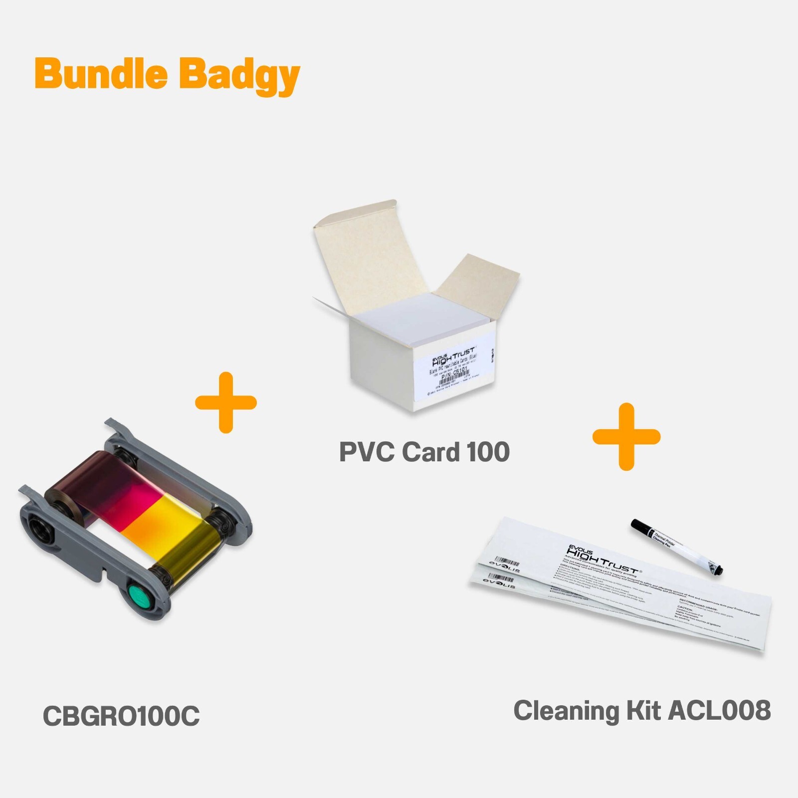 Evolis Badgy100 Badgy200 YMCKO + PVC + Cleaning Kit Bundle CBGR0100C