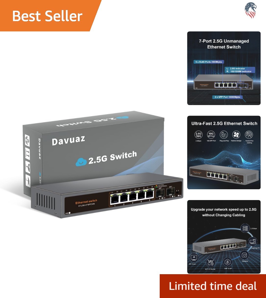 7-Port Unmanaged Ethernet Switch 2.5G 10G SFP+ Uplink Metal Fanless