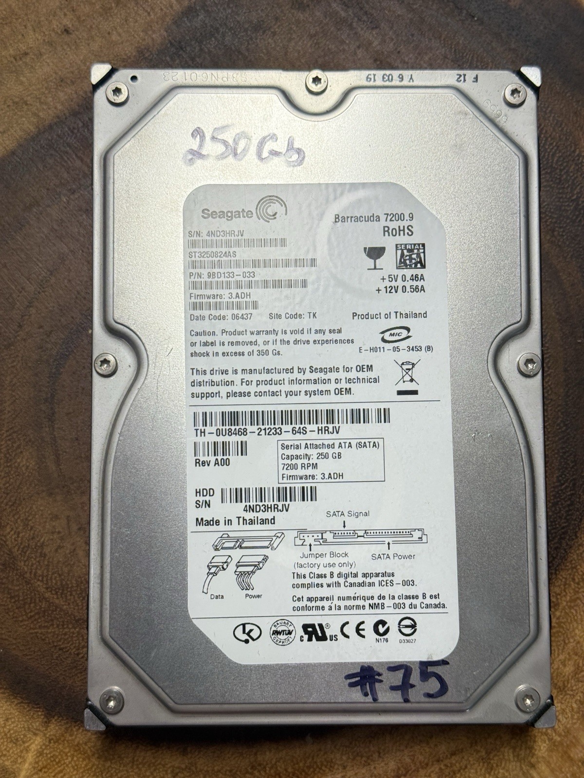 TESTED Seagate Barracuda 7200.9 internal hard drive 250GB Model: ST3250824AS #75