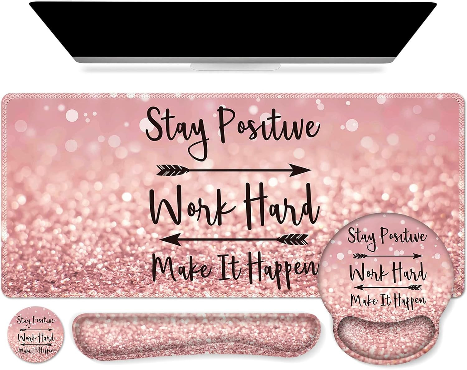 Mouse Pad,Large Pink Desk Mat Set, 4In1 XXL Mousepad + Keyboard Wrist Rest+Mouse