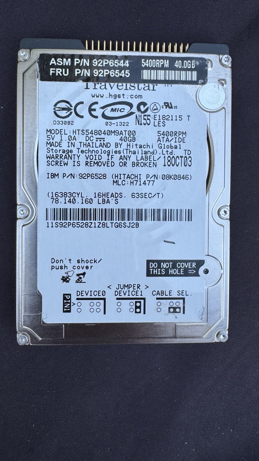Hitachi Travelstar 40GB 2.5” IDE / ATA Hard Drive HTS548040M9AT00 – Tested, Used