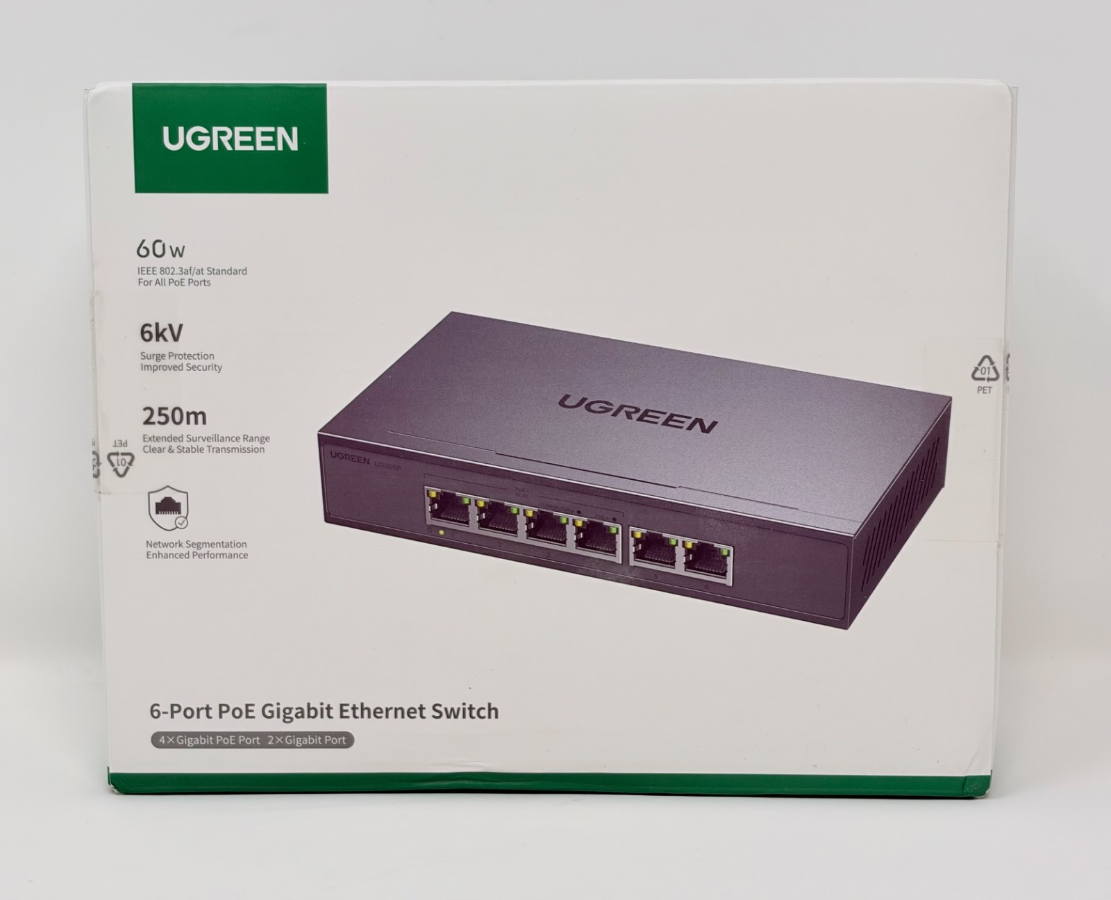 UGREEN 6-Port PoE Gigabit Ethernet Switch 4 PoE+ 60W 2 Uplink Surge Camera VLAN