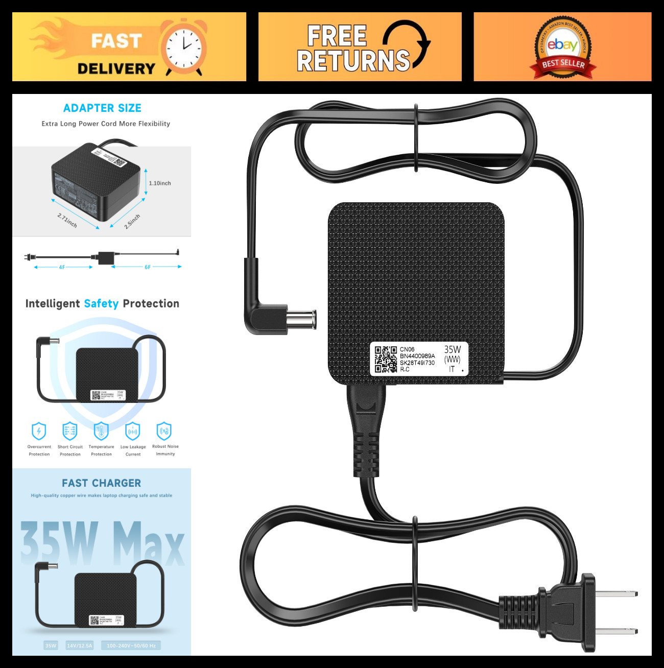35W Monitor Charger for Samsung A3514-RPN, 6.5x4.4mm Tip, Fast Charging Adapter