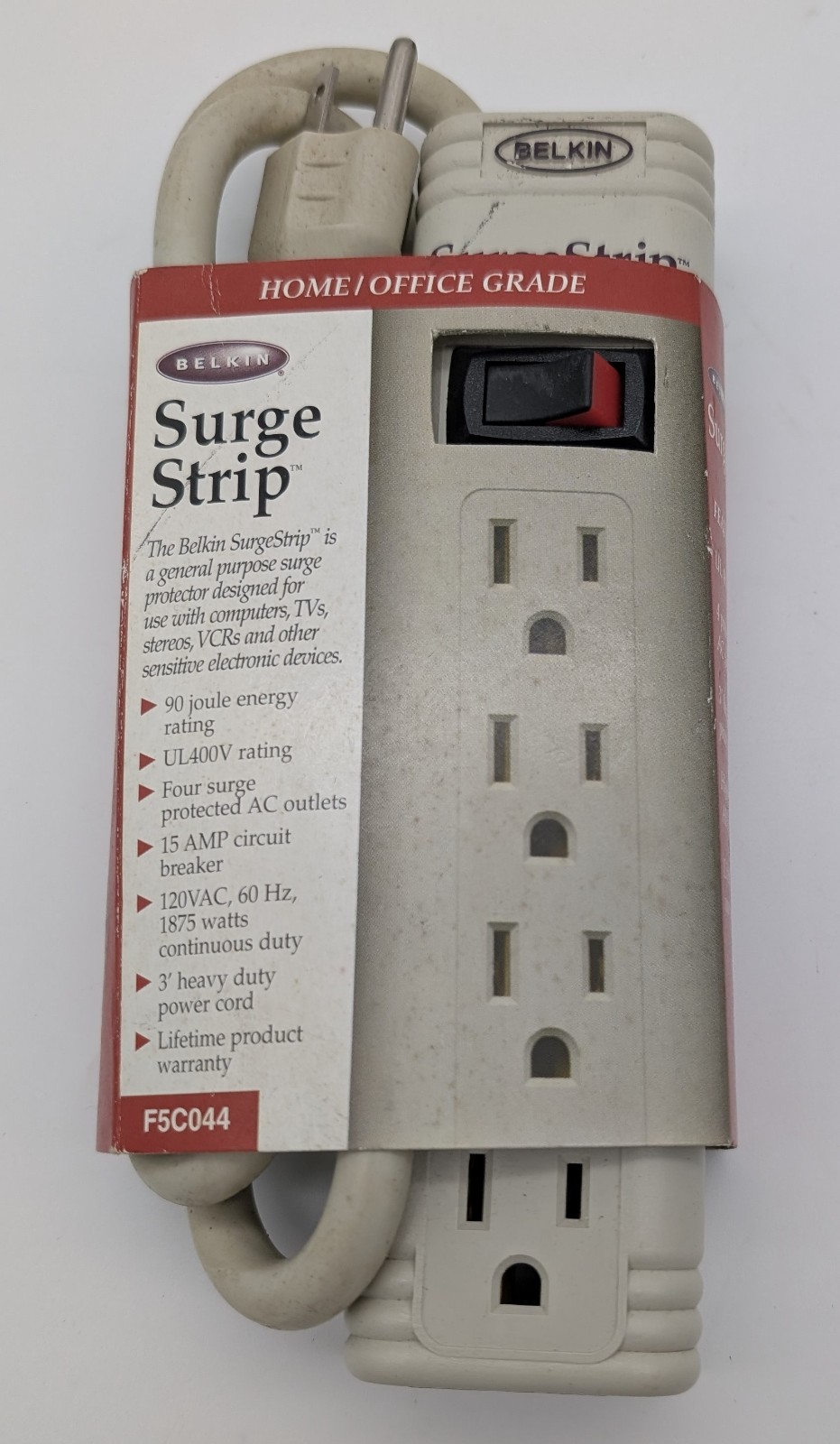 New Belkin 3FT Cord 90 Joules 4-Outlet Surge Protector Power Strip 120v F5C044