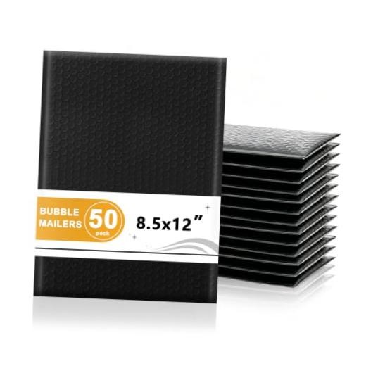 Self Seal Bubble Mailers 8.5x12 Inch - 50 Pack - Black - Self Seal