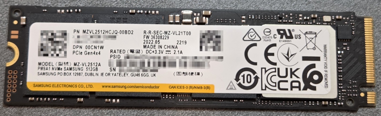 Samsung PM9A1 512GB SSD NVMe M.2 PCIe Gen4 MZVL2512HCJQ-00BD2 93% Health