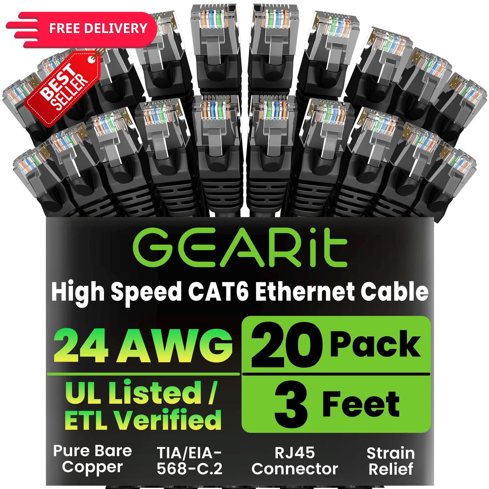 GEARit Cat6 Patch Cables Cat 6 Ethernet Cable 3 ft 20-Pack Black 3 Feet,