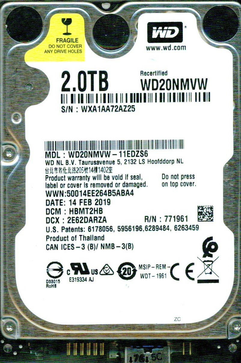 WD20NMVW-11EDZS6,  DCM: HBMT2HBB WD 2TB, USB 3.0  WXA1 FEB 2019