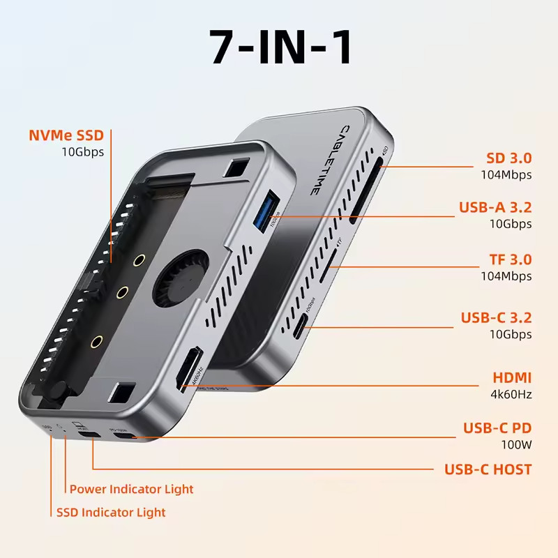 CABLETIME USB C HUB 7 IN 1 with NVMe SSD Magnetic 4K ProRes Video Recording SD/T