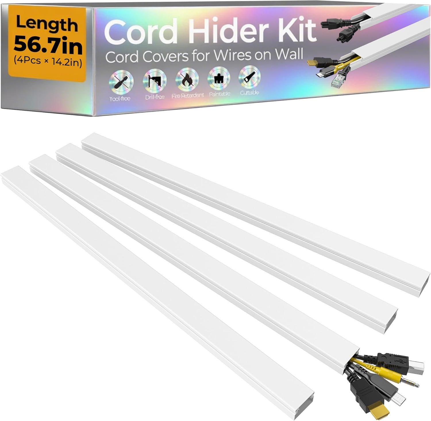 56.7In TV Cord Hider Wall, Cord Covers for 2-4 Wires on Wall, Self-Adhesive TV