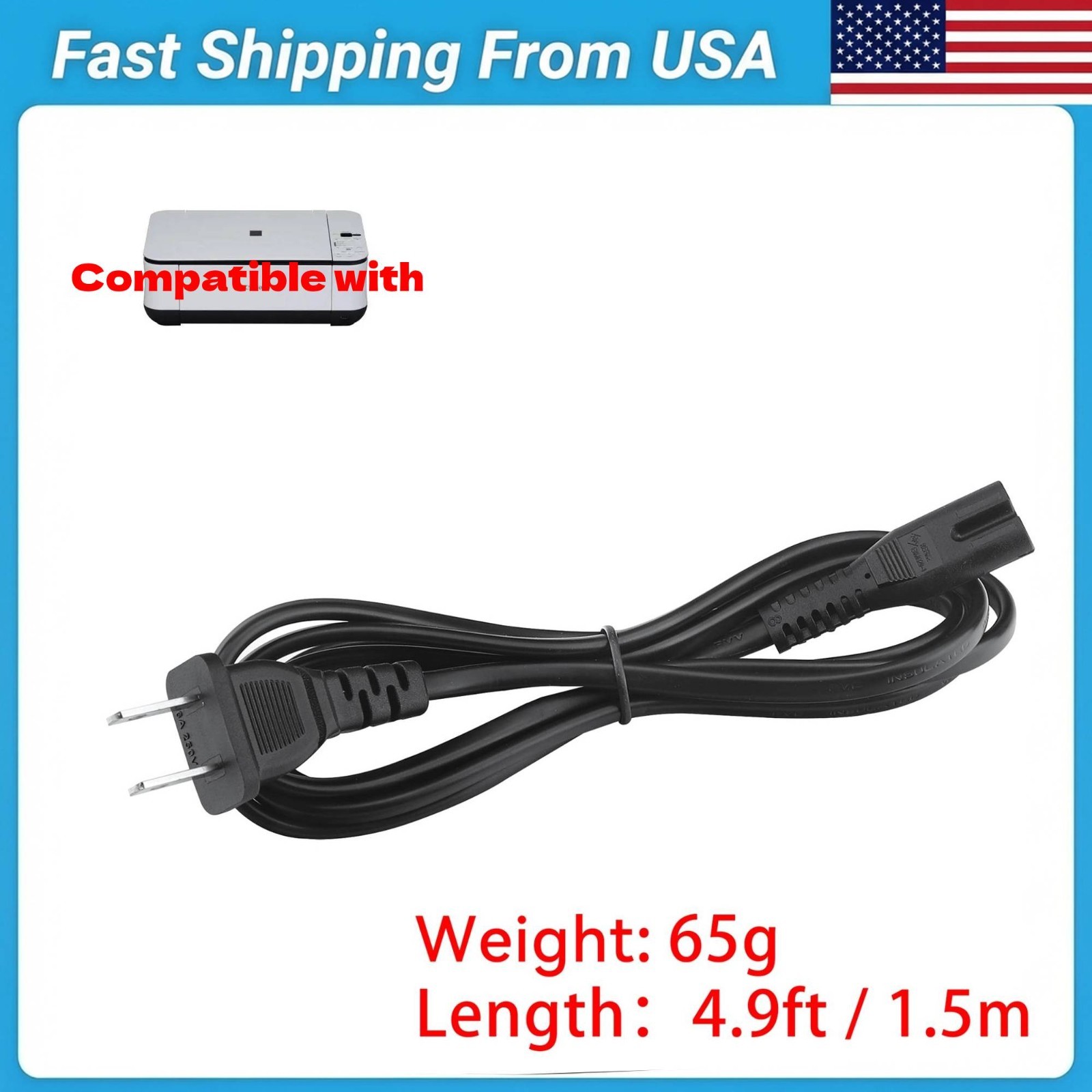  Premium 2-prong AC Power Cord Cable Lead for Canon Pixma MP 240 150 Printer