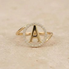 Personalized Circle Monogram Diamond Halo Initial Ring, Custom Letter Ring Initi picture