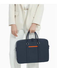 Maverick & Co. Manhattan Leather Briefcase 16in Laptop Padded Zip Blue/Orange picture