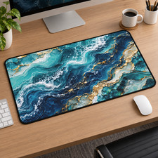 Teal Gold Ocean Desk Mat, Blue Marble Mouse Pad, Abstract Office Decor picture