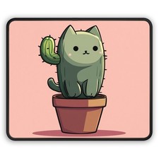 Cactus Cat Illustration Gaming Mouse Pad | Cute Plant Kitty Desk Mat picture