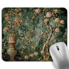 Dark Green Chinoiserie Floral Bird Square Mouse Pad, Vintage Cottagecore Roma... picture