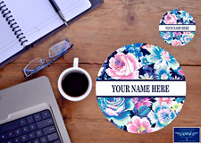 PERSONALIZED BLUE FLORAL  MOUSE PAD & DRINK COASTER WITH NAME 2pc GIFT SET picture