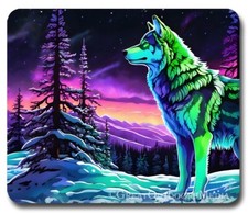Northern Lights & Lone Wolf ~ Mouse Pad / PC Mousepad ~ Outdoor Nature Gift picture