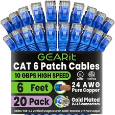 GEARit Cat6 Patch Cables 6ft Cat 6 Ethernet Cable 20-Pack Blue Brand New picture