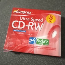 Memorex Ultra Speed CD-RW Blank Discs 5 Pack 24x 700MB 80 Min New Sealed picture