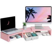 TEAMIX Pink Dual Monitor Stand Riser with Drawer - Length and 1 Drawer, picture