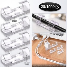 20/100x Clear Cable Clips Self Adhesive Wire Cord Holder Desk Organiser Clamps picture