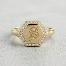 Hexagon Diamond Halo Initial Ring, Vintage Monogram Signet Ring, Personalized In picture