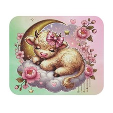 Sleeping Highland Cow Mouse Pad | Cute Cow, Floral Moon, Pastel Desk Mat picture