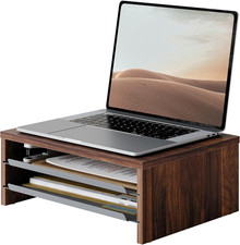 Monitor Stand, 3-Tier Monitor Riser with Slide-Out Tray, Wooden and Metal Deskto picture