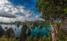 Landscape mountains clouds forest tropical raja ampat Custom Gaming Mat Desk picture