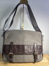 Fossil Messenger Crossbody Bag Gray Canvas Brown Leather picture