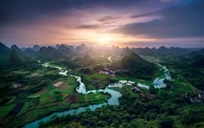 Landscape nature valley sunset hills field forest river Custom Gaming Mat Desk picture