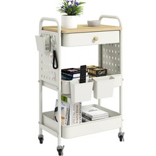 Rolling Utility Cart 3 Tier Wooden Top Pegboards Hooks White MRCD danpinera Cups picture