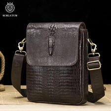SCHLATUM Genuine Leather Casual Shoulder Bag Dark Brown Crocodile Pattern Bag picture