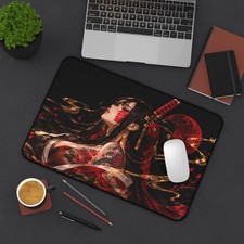 Japanese Samurai Woman Desk Mat Mouse Pad | 2 Sizes | Red Moon Anime Art. picture