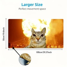 A Large Mouse Pad Featuring a Gray Cat Illustration with a Big Explosion Backg picture