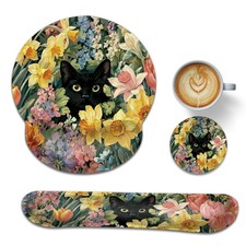 Cute Black Cat Ergonomic Keyboard and Mouse Wrist Rest Set, Flowers Mouse Pad... picture