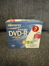 5 x MEMOREX Printable DVD-R 8 X 4.7 GB 120Min with Case Brand New. picture